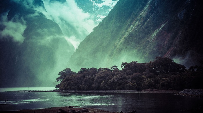 mountain, trees, water, forest, mist