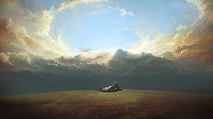 field, clouds, artwork, house