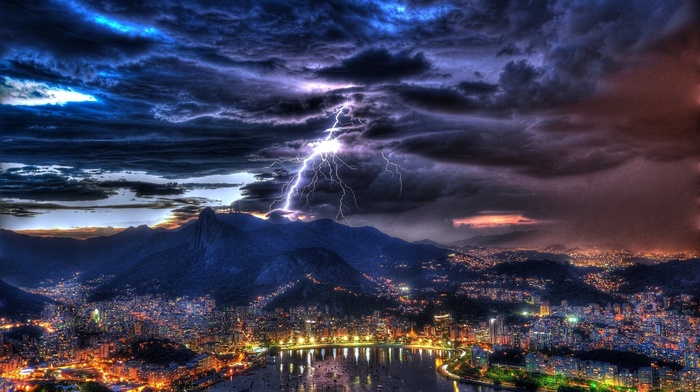 mountain, city, evening, cities, bay, lightning, resort, sky