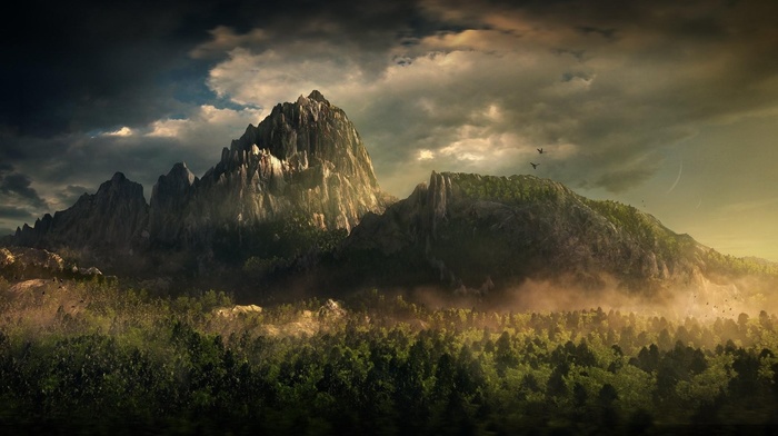 clouds, fantasy, mountain, art, forest, photoshop, nature