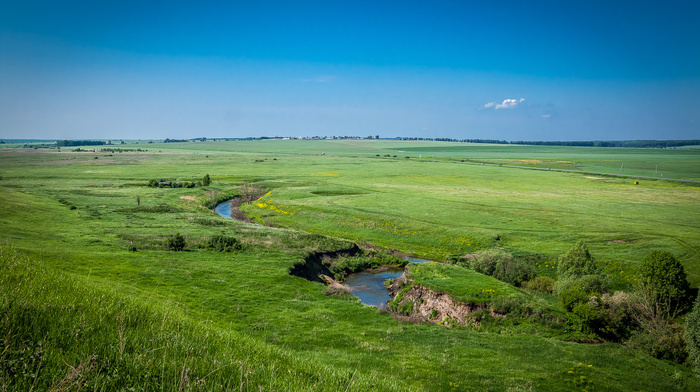 river, road, grass, valley, trees, nature, sky