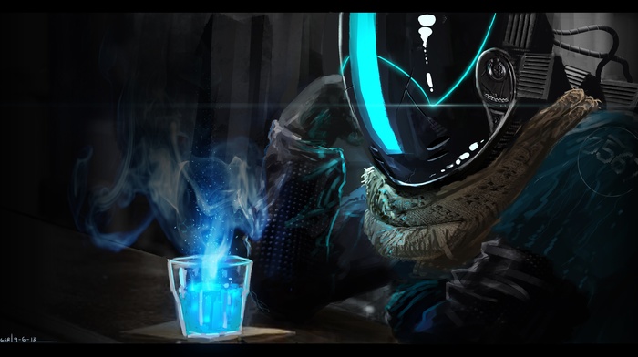 bar, artwork, bounty hunter, drink, cyborg, concept art, fantasy art