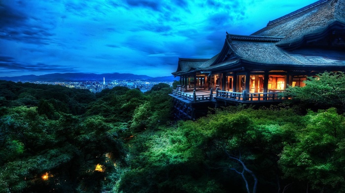 Kyoto, kiyomizudera, clouds, forest, Japan, trees, house, night