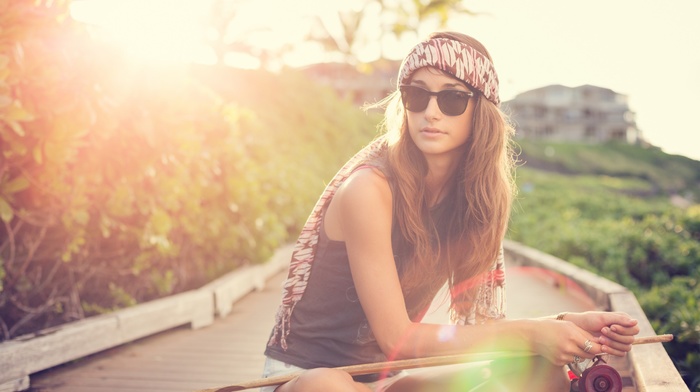 girl outdoors, girl, sunlight, bandanas, skateboard, sunglasses