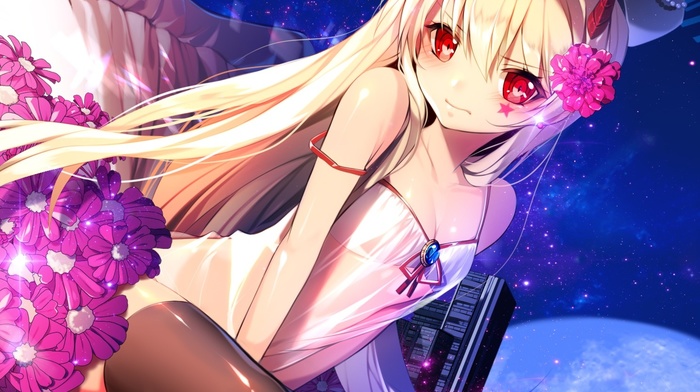 anime girls, Unleashed game, red eyes, flowers, anime, thigh, highs