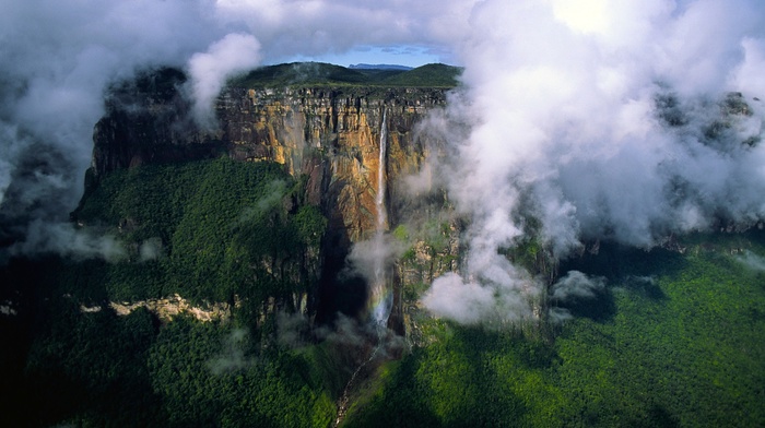 waterfall, clouds, nature