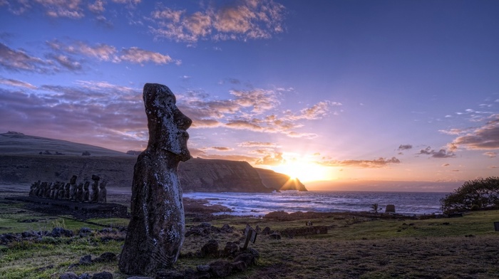 sunset, nature, statue, Easter Island, landscape, Moai