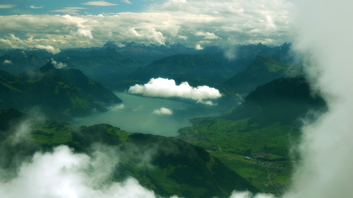mountain, clouds, lake