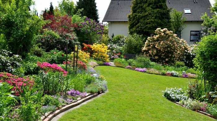 trees, landscape, house, flowers, nature