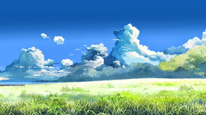 landscape, artwork, 5 Centimeters Per Second, Makoto Shinkai, field, clouds