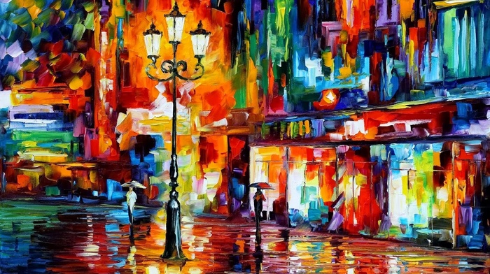 painting, Leonid Afremov, street light, colorful