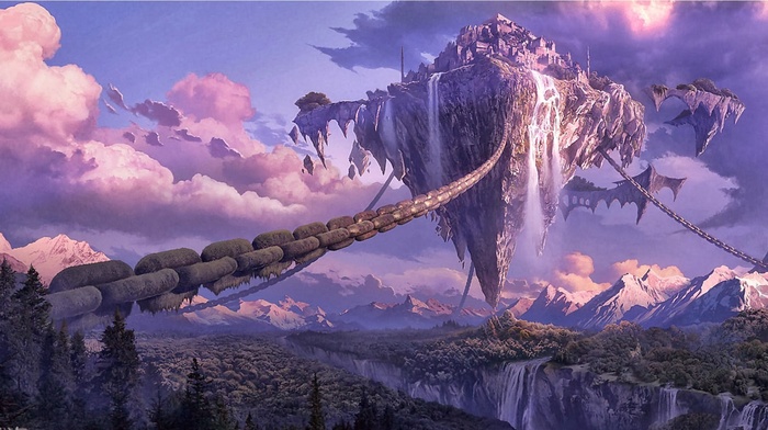 mountain, forest, chains, digital art, artwork, waterfall, fantasy art, clouds, floating island