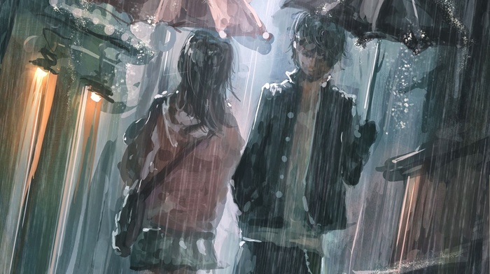 street, umbrella, artwork, rain