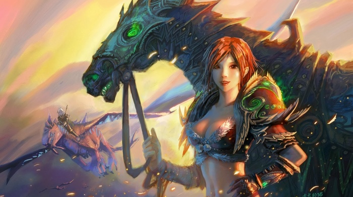 horse, dragon, Yaorenwo, fantasy art