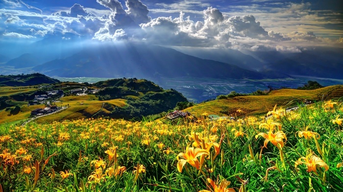 light, mountain, sky, beautiful, clouds, nature, flowers