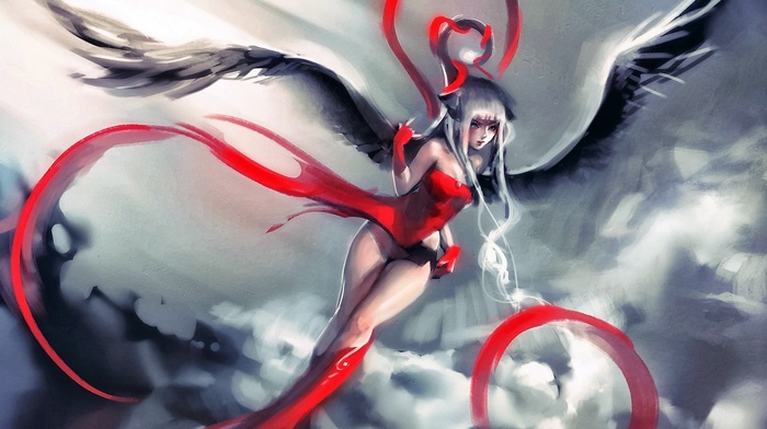 red dress, wings, fantasy art