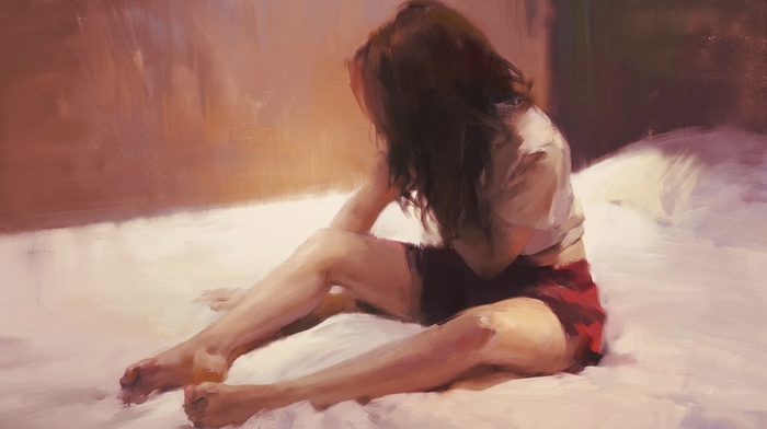 painting, girl, brunette, bed