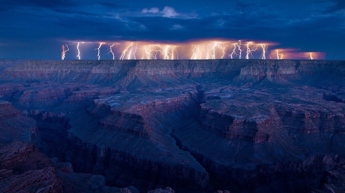 lightning, canyon, nature, night