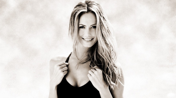 monochrome, Stacy Keibler, cleavage, tank top, blonde, black clothing