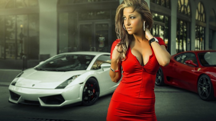 blonde, Lamborghini, red dress