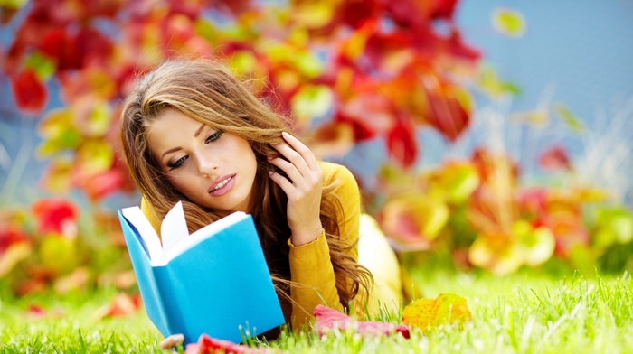 smiling, grass, sight, face, lips, people, beauty, hair, girl, leaves, eyes, book