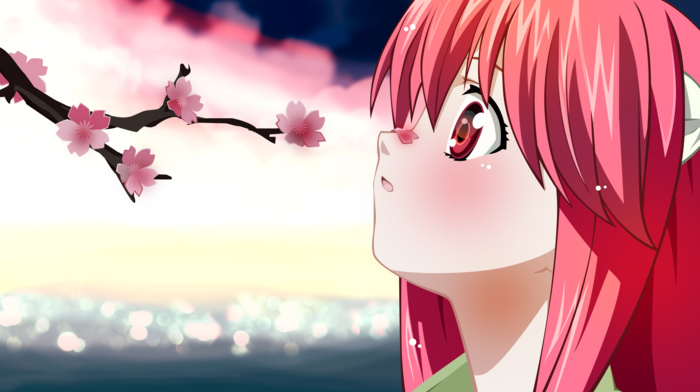 Lucy, pink hair, anime girls, Elfen Lied, anime, cherry blossom