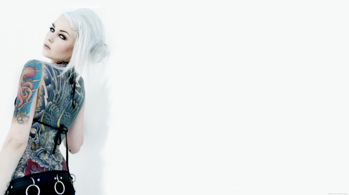 tattoo, Kristen Leanne, white hair, tattoos, girl, simple background, white background