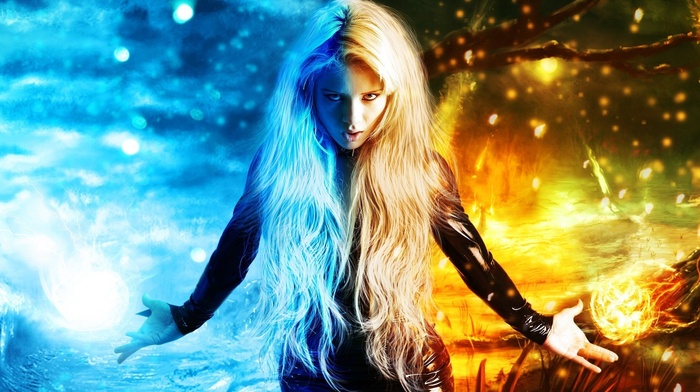 sight, fantasy, fire, photoshop, element, girl, blonde, frost