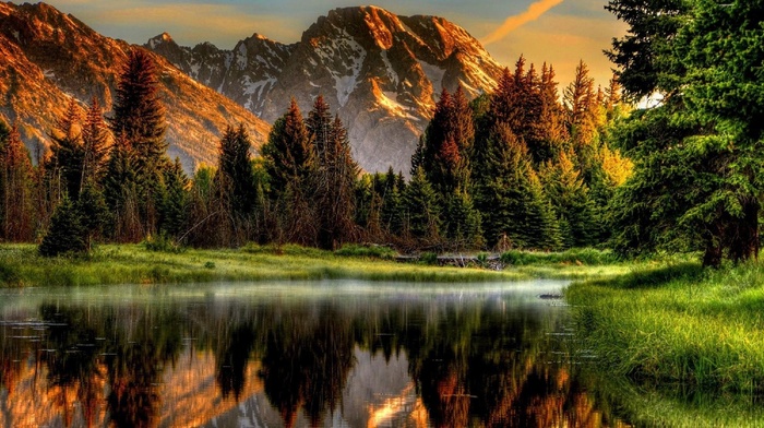 sunset, reflection, forest, nature, river, snow, mountain, sky