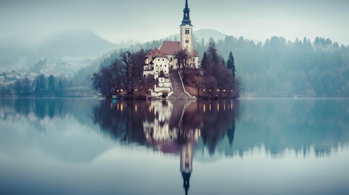 reflection, church, lake, mist