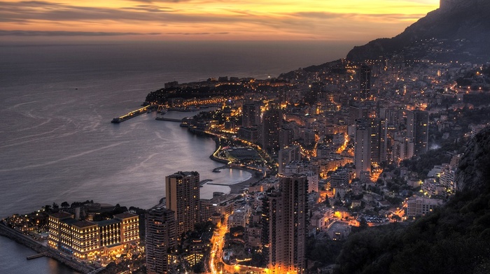 sunset, lights, Monaco, urban, mountain, cityscape