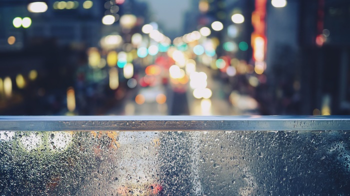 macro, rain, bokeh, water on glass, glass, water drops, nature, city
