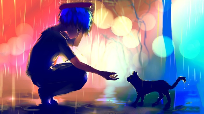 blue hair, cat, anime, apofiss, bokeh, rain, artwork