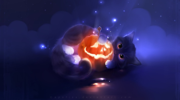 pumpkin, Halloween, cat, apofiss, artwork, glowing