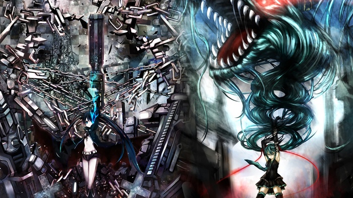 anime, Vocaloid, Hatsune Miku, Strength Black Rock Shooter, anime girls, Black Rock Shooter