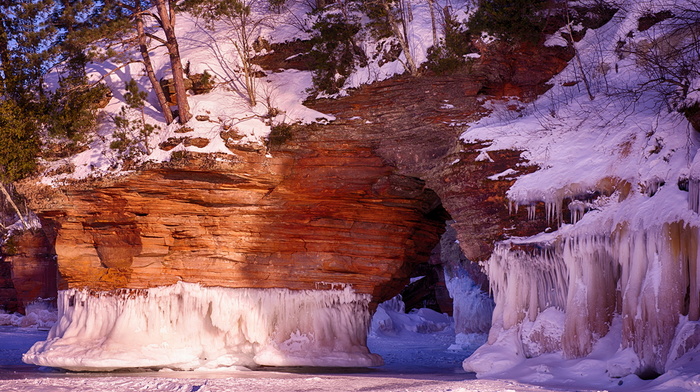 trees, cave, ice, rocks, USA, beauty, snow, nature