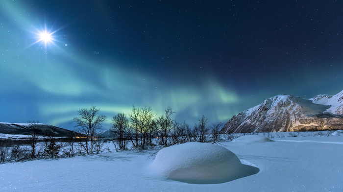 snow, nature, stars, winter, Norway, mountain, moon, night