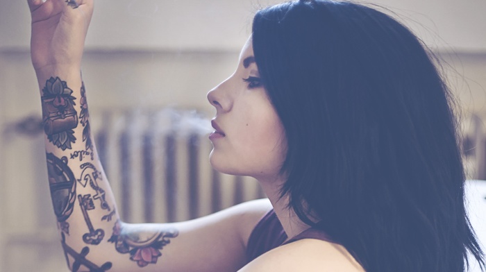 dark hair, girl, tattoo, smoking