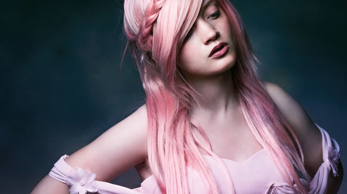 pink, girl, white dress, pink hair, smooth skin