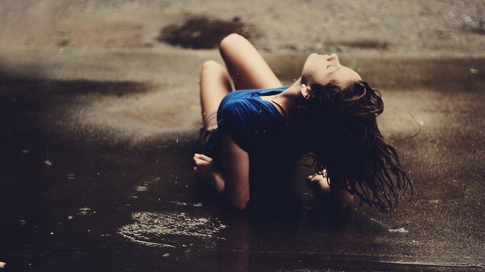 lying down, puddle, water, brunette, girl, rain