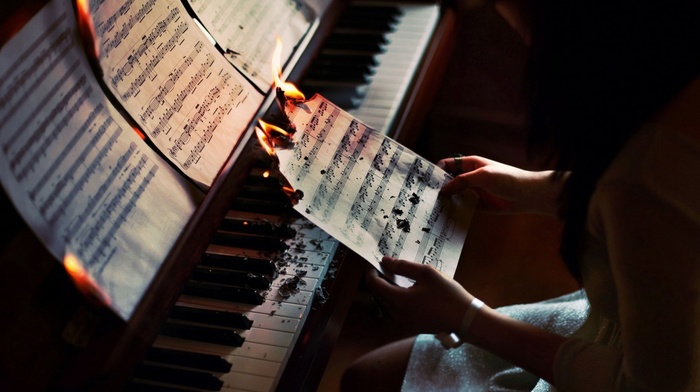 music, fire, musical notes, burning, piano