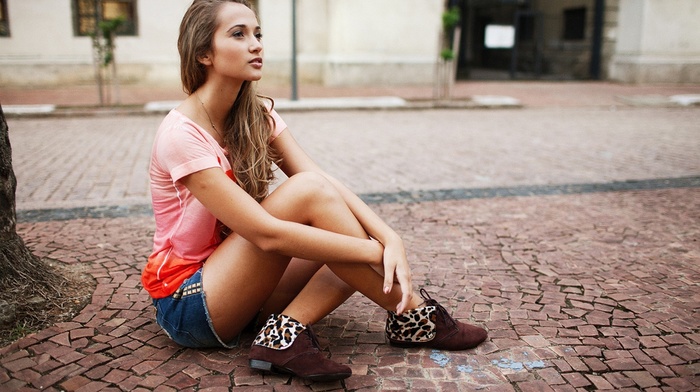 jean shorts, pavements, street, girl, blurred, sitting
