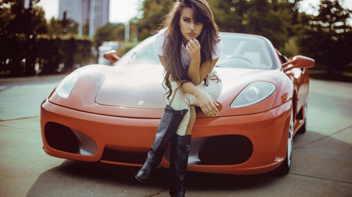 girl, black boots, sitting, sports car, brunette, orange