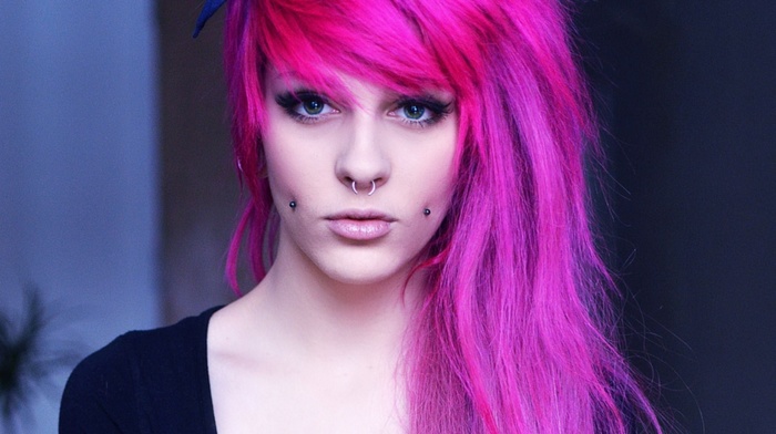 green eyes, girl, pink hair, black clothing, piercing