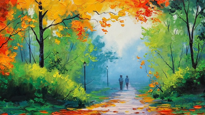 park, fall, trees, path, painting, Graham Gercken, street light