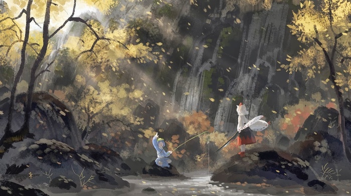 sunlight, Inubashiri Momiji, Kawashiro Nitori, waterfall, artwork, touhou