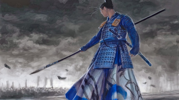 spear, battle, Daidoji Teruo, gray, samurai