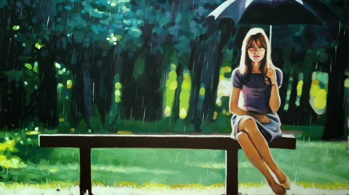 girl, umbrella, rain
