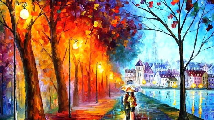 couple, street light, painting, umbrella, Leonid Afremov, fall, artwork, path