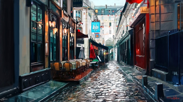 umbrella, chair, cobblestone, painting, lantern, street, Paris
